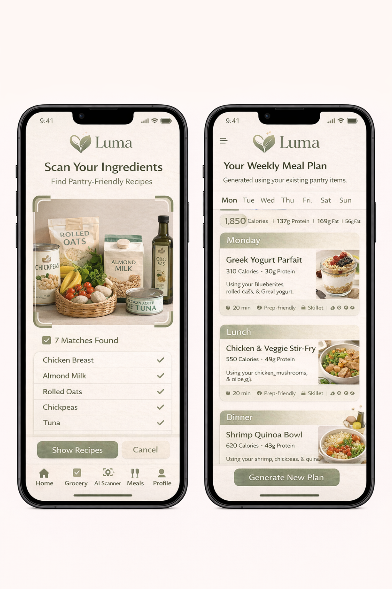 Luma app mockups showing pantry scanning and weekly meal planning.